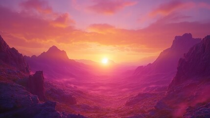Fototapeta premium Vibrant sunset over purple mountains and valley.