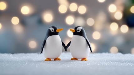 Fototapeta premium Cute Pair of Penguins Holding Flippers on Icy Surface with Bokeh Lights in Background for Charming Winter Scene
