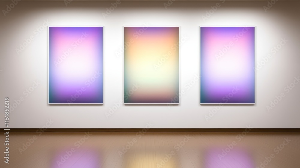 Poster a minimalist art gallery showcasing three gradient paintings with soft hues, illuminating the space 