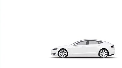 Fototapeta premium A sleek, modern white electric car is shown in profile against a minimalistic white background.