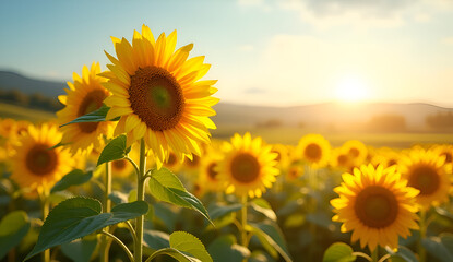 Fototapeta premium A field of sunflowers with the sun setting in the background. 