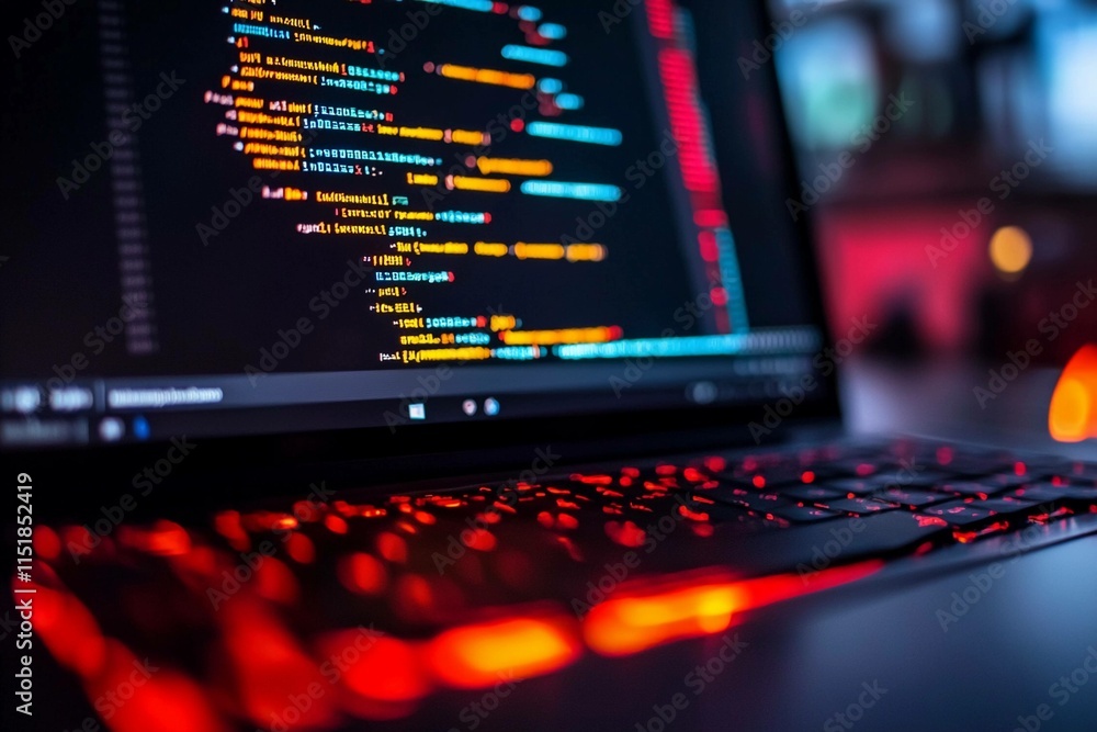 Poster code on a laptop with a dark background and vibrant syntax. generative ai