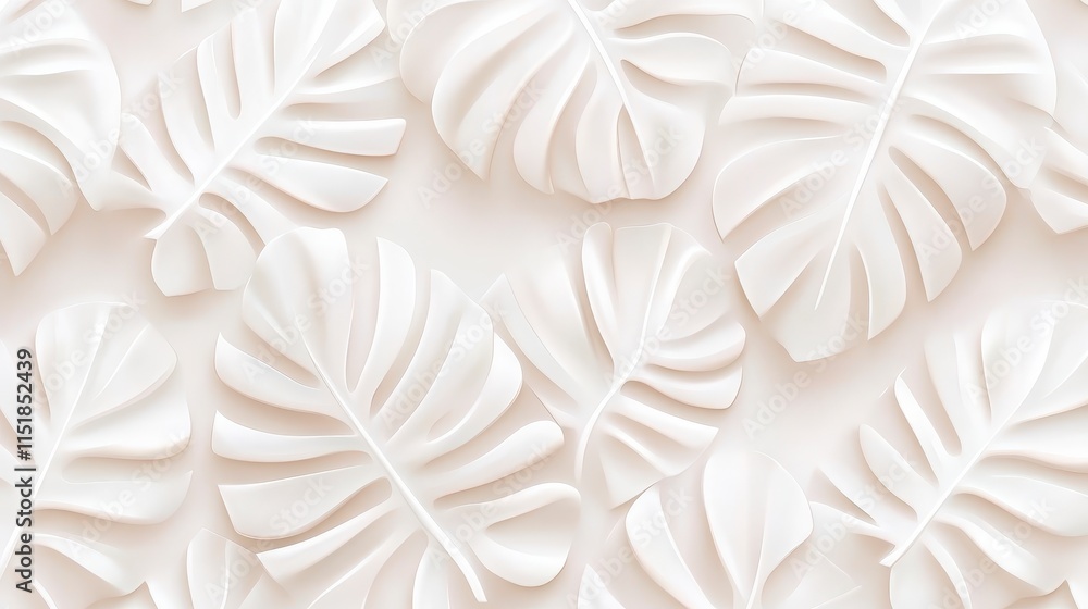 Poster a minimalist design featuring intricately carved white leaves arranged in a pattern against a light 