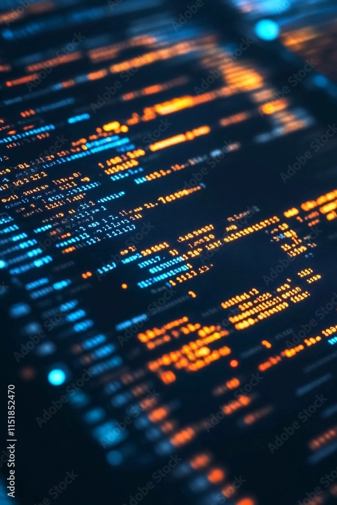 Poster brightly colored programming code overlays a dark background in a modern setting