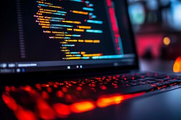 Code on a laptop with a dark background and vibrant syntax. Generative AI