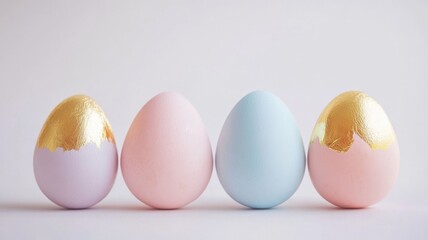 Pastel and gold Easter eggs on white background, luxurious holiday style. Easter