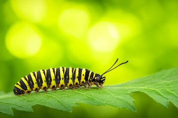 Fototapeta premium A caterpillar on a leaf, preparing to transform into a butterfly, set against a lush, green background