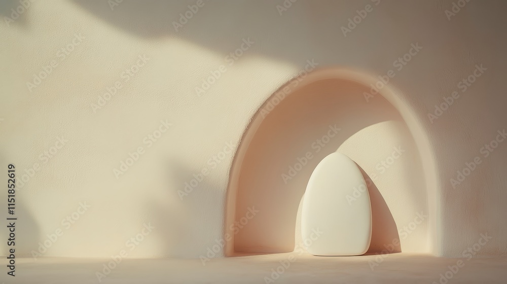Poster a serene, minimalist space featuring smooth arches and soft shadows, creating an elegant play of lig