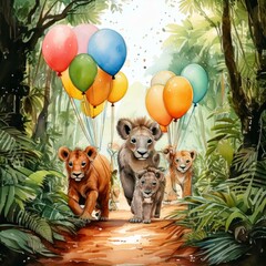 Fototapeta premium A watercolor parade of animals carrying balloons through a jungle trail