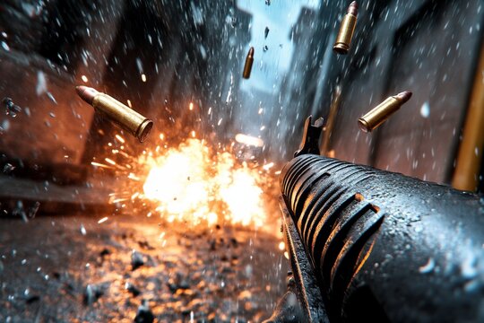 A cinematic view of a gunfight in an urban alley, with sparks and smoke from bullets flying