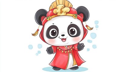 Naklejka premium Cute cartoon panda dressed in traditional attire, showcasing a joyful expression with vibrant colors and playful elements.