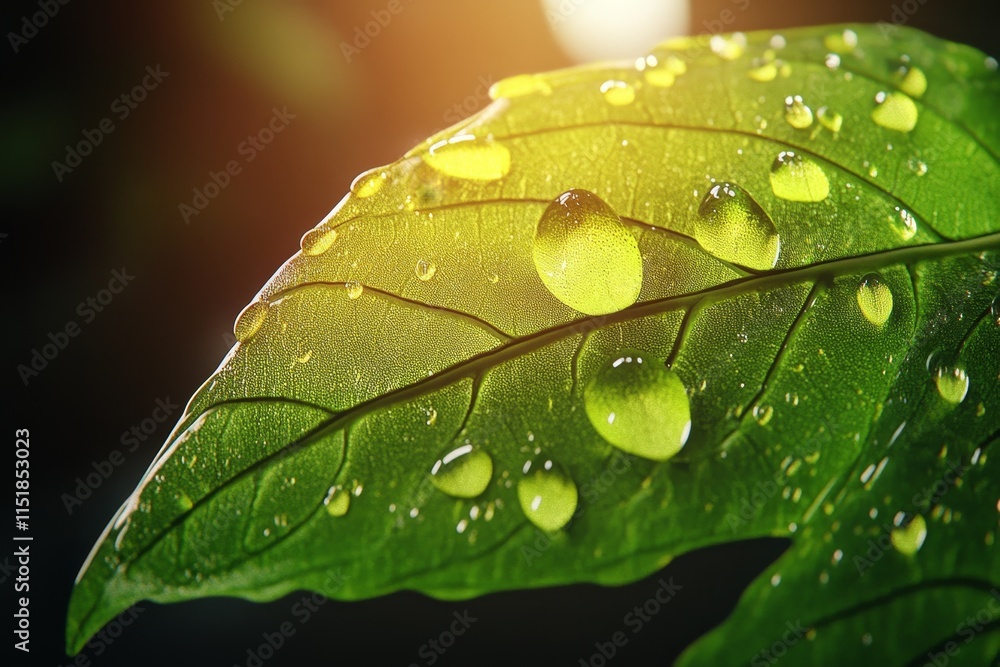 Poster a close-up of a green leaf with intricate veins, covered in tiny water droplets reflecting soft ligh
