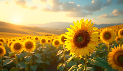 Obraz premium A field of sunflowers with the sun setting in the background. 