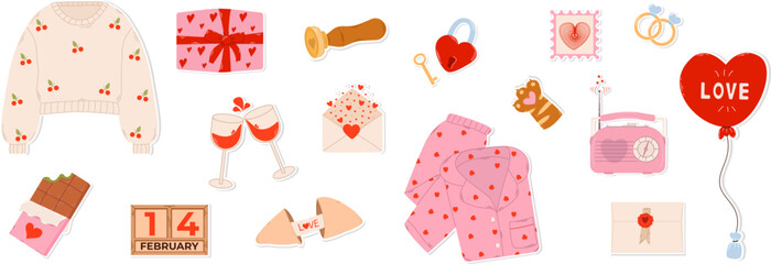 A vibrant assortment of Valentine's Day stickers includes heart-shaped decorations, gifts, snacks and cards that convey the festive spirit of love and celebration.