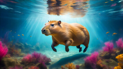 A capybara gracefully swimming through a vibrant underwater landscape, its movements leaving trails of glowing, fluid energy patterns, embodying focus and harmony with the world around it