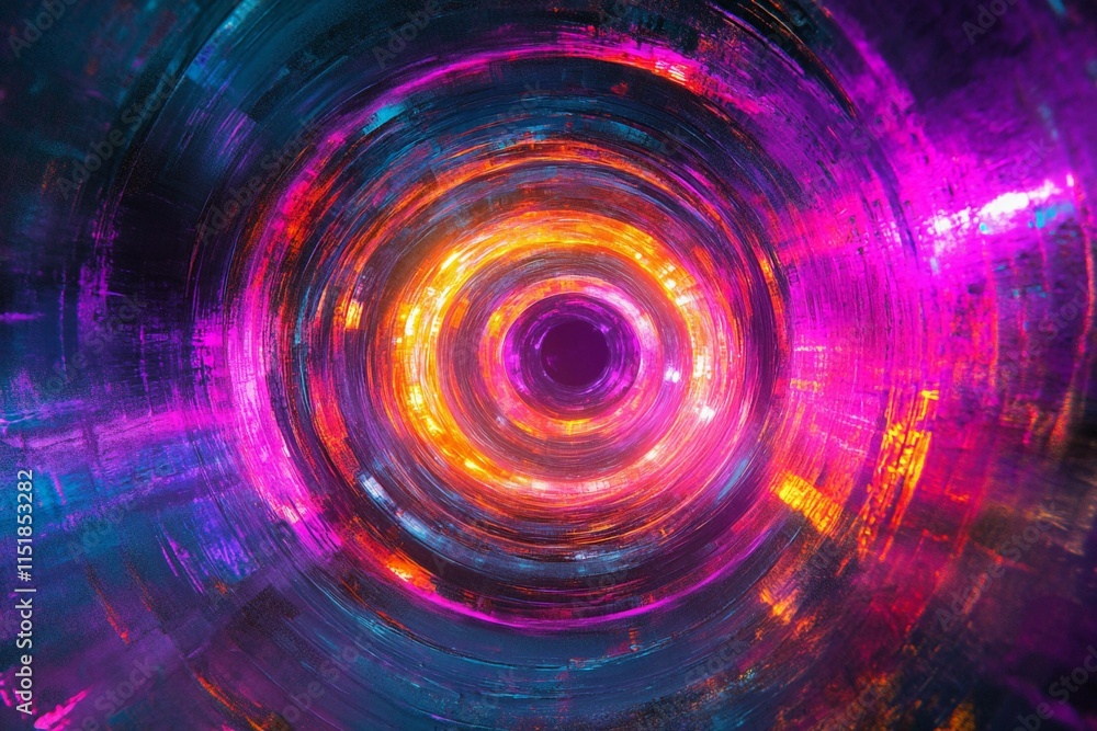 Poster brightly glowing circular pattern with vibrant colors and depth. generative ai