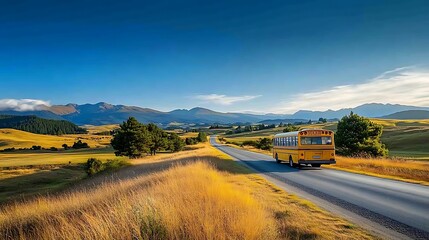 A bright yellow school bus driving along a scenic rural road under a clear blue sky