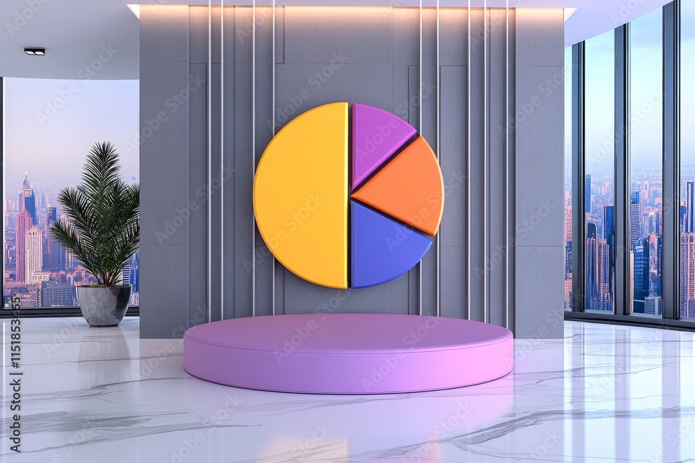 Aufkleber A colorful 3D pie chart on a presentation slide, surrounded by data labels and bullet points, set in a modern meeting room