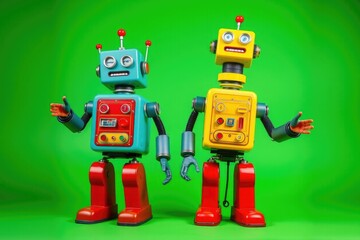 Two colorful robots engage in a lively dance, displaying their animated features and cheerful expressions against a bright green background, evoking a fun atmosphere