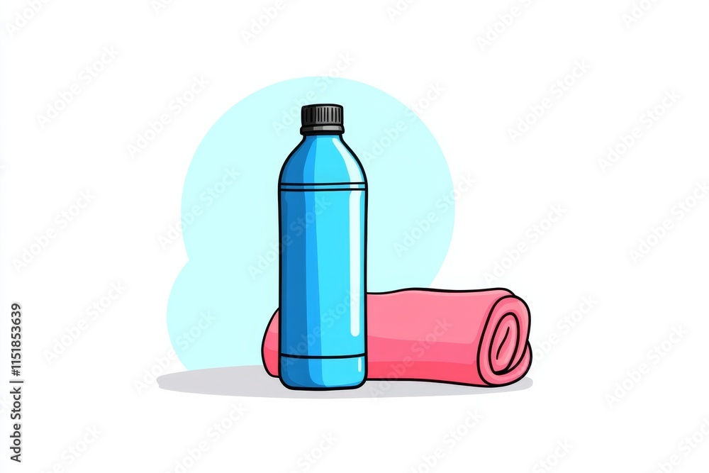 Poster a conceptual illustration of a water bottle and gym towel, drawn in simple, bold lines with soft col