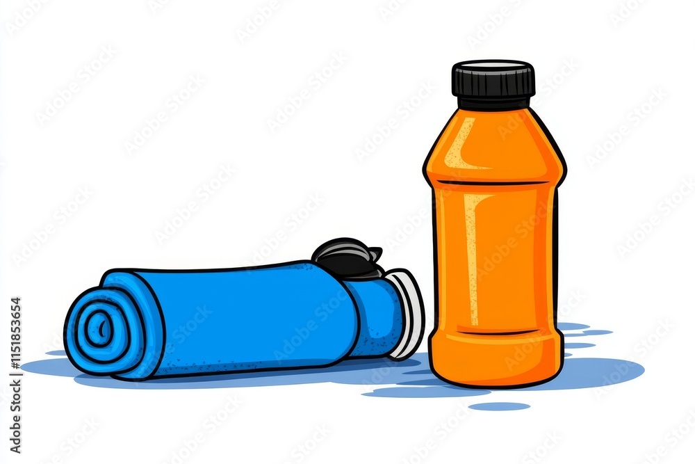 Poster a conceptual illustration of a water bottle and gym towel, drawn in simple, bold lines with soft col