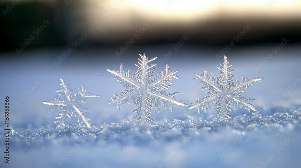 Poster three delicate snowflakes resting on a snowy surface, showcasing their intricate patterns and crysta