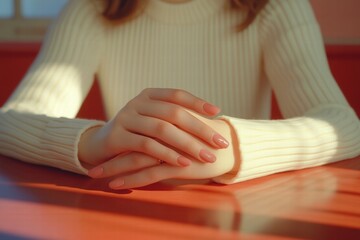 Obraz premium Woman's Hands with Peach Nails on Orange Table