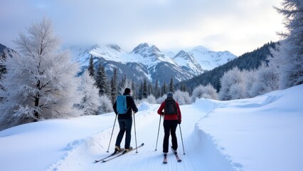 A couple skiing down a scenic winter trail, with snowy peaks in the distance and frosty trees lining the way