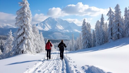 A couple skiing down a scenic winter trail, with snowy peaks in the distance and frosty trees lining the way