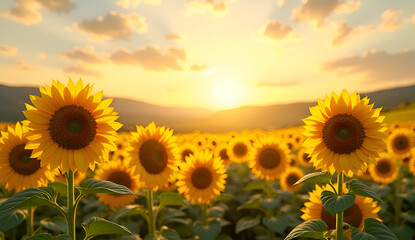 Obraz premium A field of sunflowers with the sun setting in the background. 