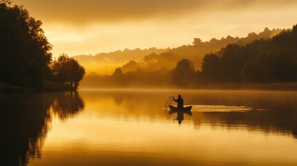 Golden Sunrise Fisherman In A Small Boat On Calm Lake