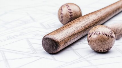 A wooden baseball bat lies next to two baseballs on a textured surface, emphasizing the sport's classic equipment.