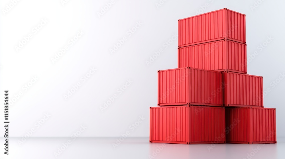 Poster a stack of red shipping containers against a minimalistic white background, emphasizing industrial d