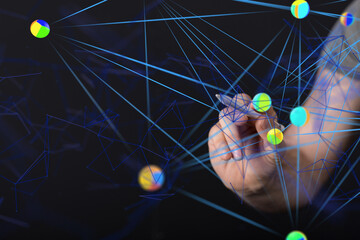 Global network. Blockchain. 3D illustration. Neural networks and artificial intelligence. Abstract ...