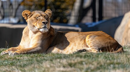 Fototapeta premium Lioness resting peacefully with eyes closed on grass under sunlight.
