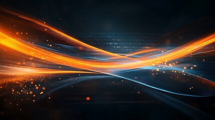Obraz premium A futuristic digital artwork showcasing intersecting orange and blue light trails in a high-tech, minimalistic environment