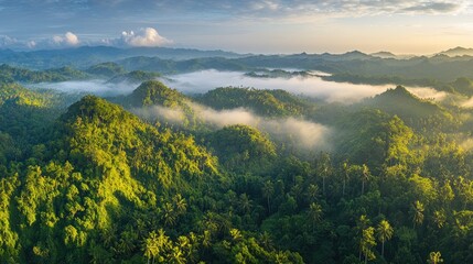 Lush Green Mountains Embrace Morning Mist A Tropical Paradise