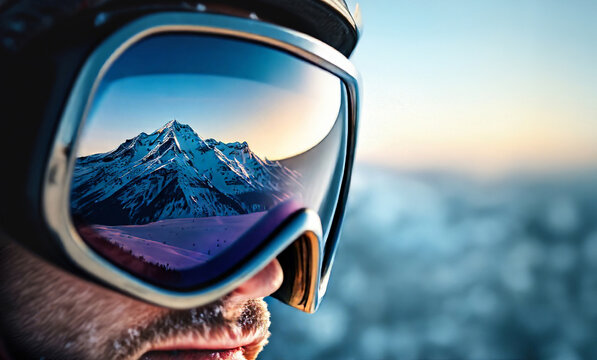 Close up of the ski goggles of a man with the reflection of snowed mountains. A mountain range reflected in the ski mask...