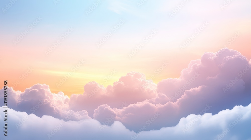 Poster a serene sky at dawn, filled with soft clouds and a gentle gradient of colors, creating a peaceful a