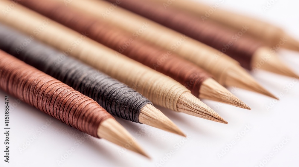 Poster a close-up of sharpened pencils in various colors arranged in a row, showcasing their pointed tips a