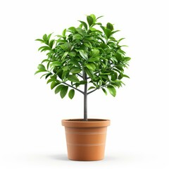 Obraz premium Lush green small tree growing in a terracotta pot on a white background, representing growth, nature, and gardening concepts