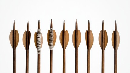 A series of wooden arrows displayed in a line, showcasing unique fletching and tips against a plain background.
