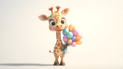 Cute Adorable Little Giraffe Holding Colorful Balloons in Watercolor Style