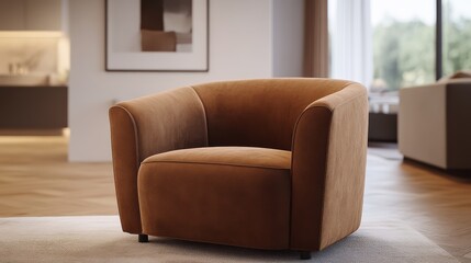 A cozy, modern brown accent chair with a rounded design, placed in a stylish, well-lit living space.
