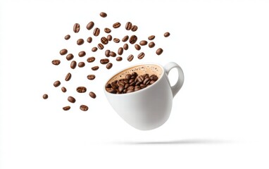 Obraz premium A steaming espresso cup floating mid-air with coffee beans scattered around, isolated on white