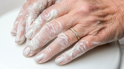 Fototapeta premium A close-up of hands with clay, showcasing creativity and craftsmanship in pottery or sculpting.