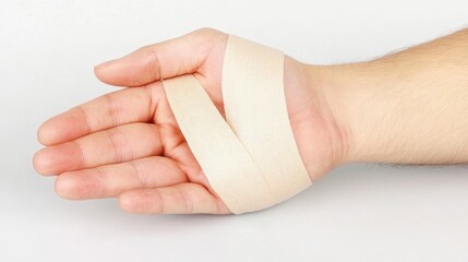A hand with a bandage wrapped around fingers, suggesting a recent injury or need for protection.