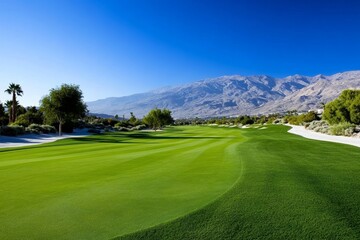 Obraz premium A desert golf course surrounded by arid landscapes, with lush green fairways creating a stunning contrast against the sand