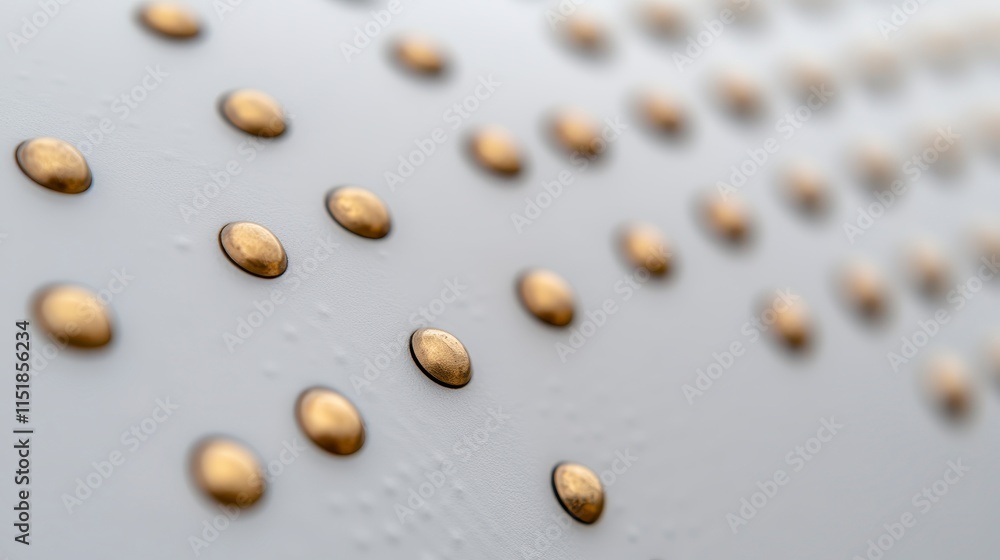 Poster close-up of a textured surface with evenly spaced golden dots, showcasing an intriguing design and m