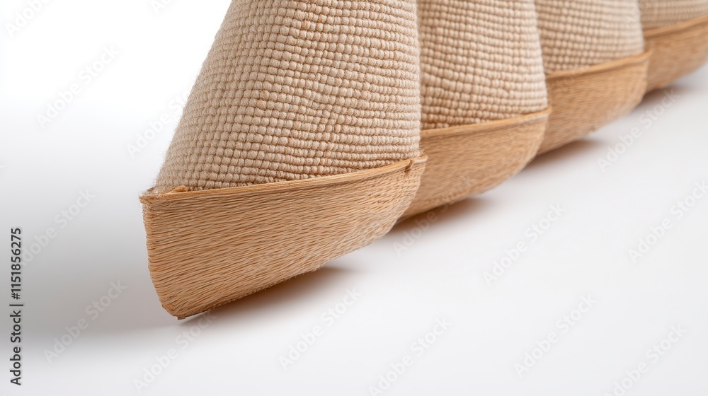 Poster a close-up view of a textured, beige fabric object with a curved edge, showcasing its unique design 